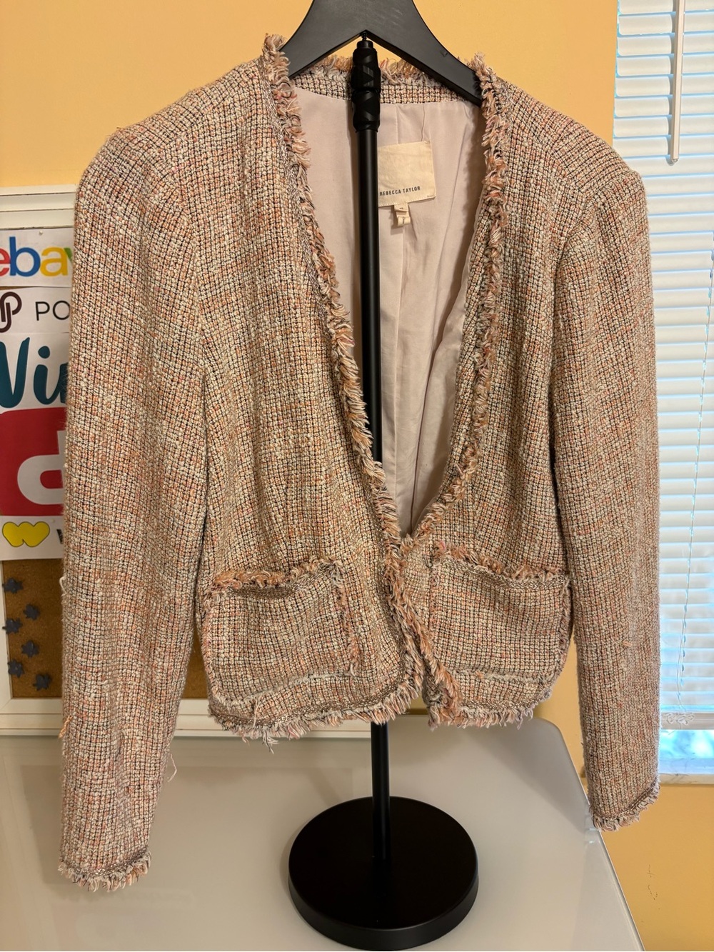 Rebecca Taylor Blush Tweed Fringe Open-Front Jacket
